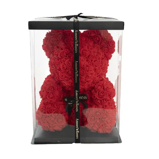 Amore Rose Bear Large w Black Bow Red (35cmH)