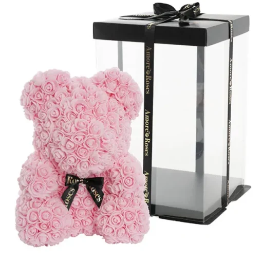 Amore Rose Bear Large w Black Bow Soft Pink (35cmH)
