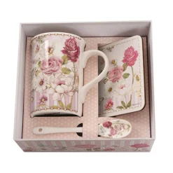 Butterfly Rose Mug Spoon Coaster Gift Set Soft Pink (320mL)