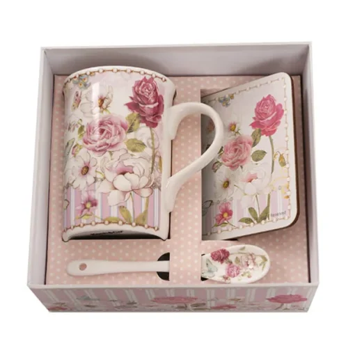 Butterfly Rose Mug Spoon Coaster Gift Set Soft Pink (320mL)