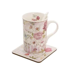 Butterfly Rose Mug Spoon Coaster Gift Set Soft Pink (320mL)