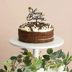 Cake Topper Happy Birthday Stars Acrylic Black (11cmWx13cmH)