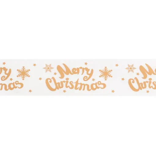 Christmas Tear Ribbon Merry Christmas White Gold (30mmx91m)