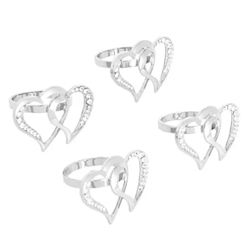Diamante Heart Napkin Ring Pack 4 Silver (4cmD)