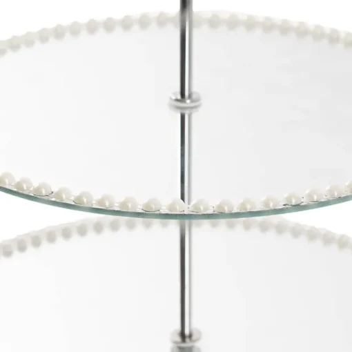 Elegant Cake Stand 2 Tier Mirror Pearl Edge Silver (32cmH)