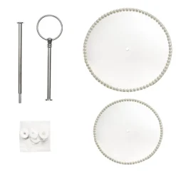 Elegant Cake Stand 2 Tier Mirror Pearl Edge Silver (32cmH)