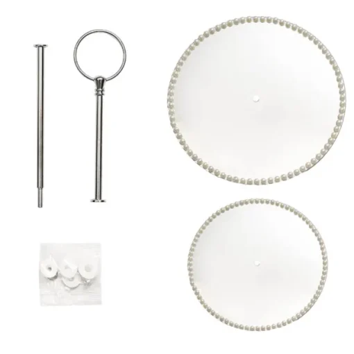 Elegant Cake Stand 2 Tier Mirror Pearl Edge Silver (32cmH)
