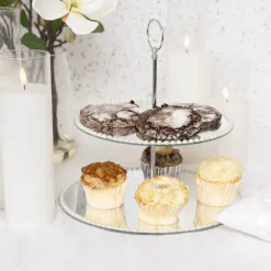 Elegant Cake Stand 2 Tier Mirror Pearl Edge Silver (32cmH)