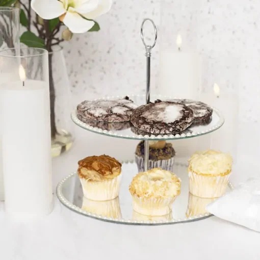 Elegant Cake Stand 2 Tier Mirror Pearl Edge Silver (32cmH)