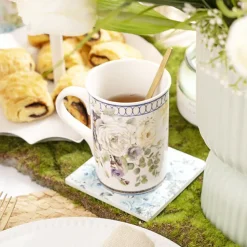 Floral Ceramic Coaster Set 4 Pink & Blue (10x10x3.4cm)