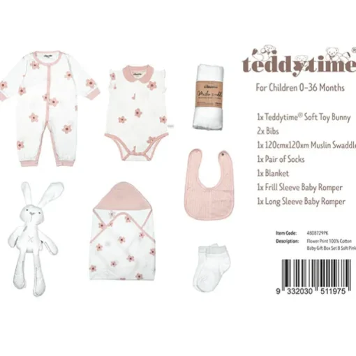 Flower Print 100% Cotton Baby Gift Box Set 8 Soft Pink