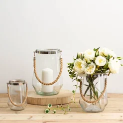 Glass Elva Hurricane Vase Rope Handle Clear (16cmDx22cmH)