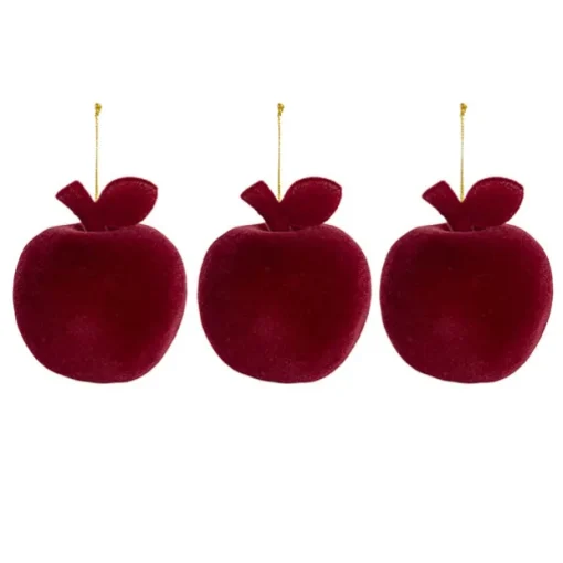 Hanging Flocked Apples Pack 3 Burgundy (8x9.5cmH)