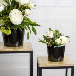 Metal Display Stand Timber Top Natural Black (35x35x81cmH)