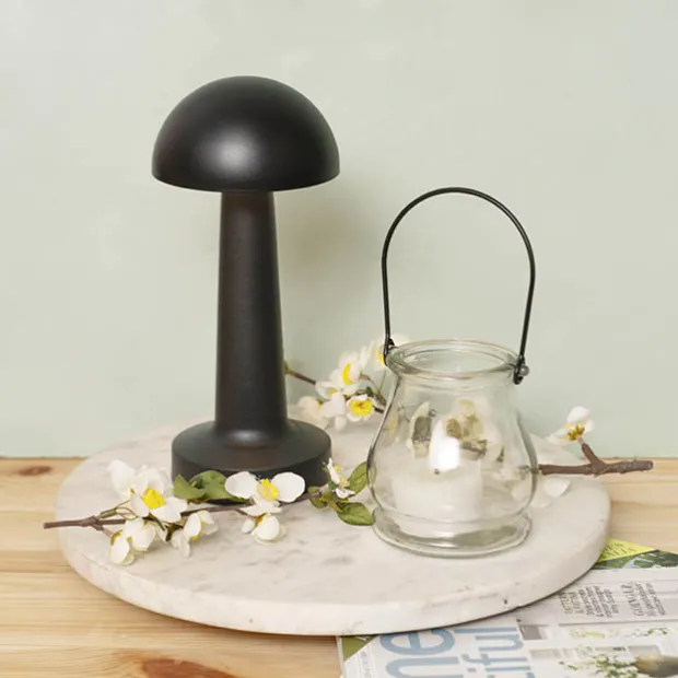 Portable Cordless LED Mushroom Table Lamp Black (21.5cmH)