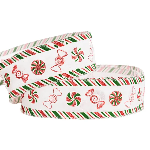 Ribbon Linen Christmas Candy Wire Edge White (60mmx20m)