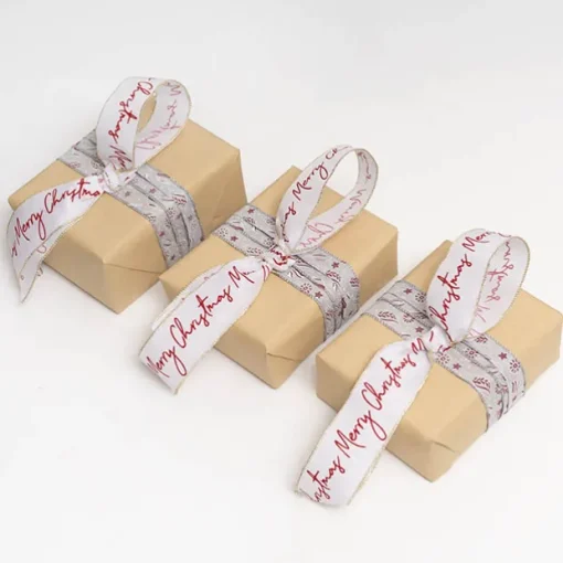 Ribbon Linen Wire Edge Red Merry Christmas White (60mmx20m)