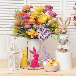 Sitting Long Ear Bunny Rabbit w Bow Flocked Hot Pink (19cmH)