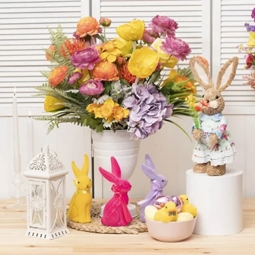 Sitting Long Ear Bunny Rabbit w Bow Flocked Hot Pink (19cmH)
