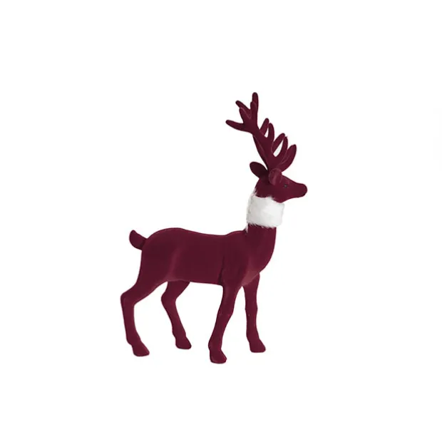Standing Flocked Reindeer w Faux Fur Scarf Burgundy (37cmH)
