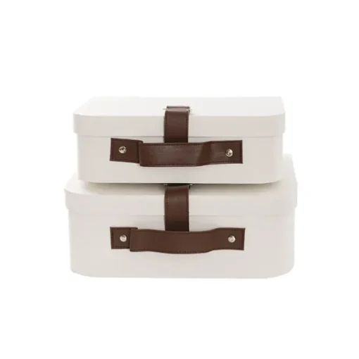 Suitcase Hamper Faux Linen Leather Set 2 White (29x20x11Hcm)