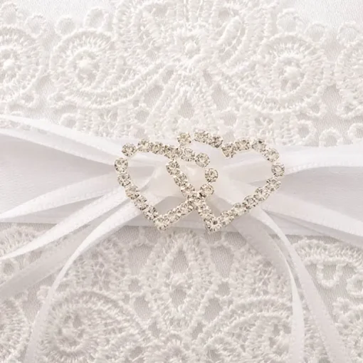 Wedding Ring Pillow w Lace Diamante Heart White (15x15cmH)
