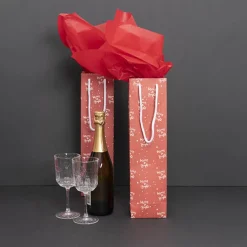 Wine Bag Single w Rope Merry & Bright Red Pk5 (11Wx9Gx42cmH)